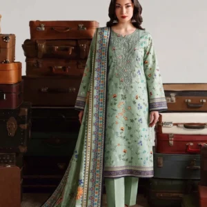 Woman wearing a Sage Green 3-Piece floral suit from AL Hassan Lehnga House