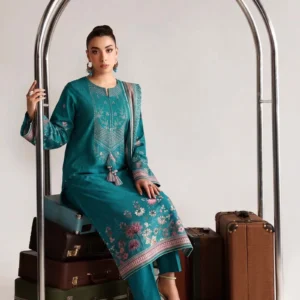 Model sitting wearing Zardosi Teal Floral Embroidered 3-Piece suit by AL Hassan Lehnga House