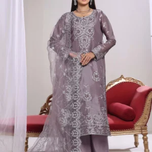 Woman wearing Zaria Mauve Sheesha Silk 3-piece suit by AL Hassan Lehnga House
