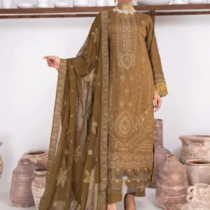 Model wearing Zarine Bronze Viscose 3-Piece Suit with Zari Strip Shirt and Crinkle Dupatta by AL Hassan Lehnga House