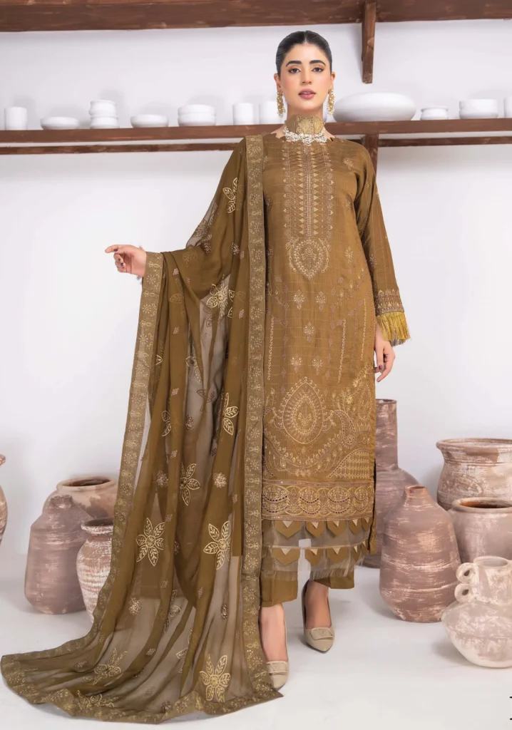Zarine Bronze Viscose 3Pc Suit | AALAYA