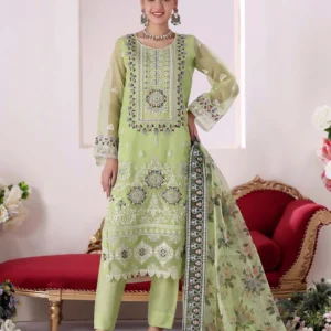 Front view of Zartash lime organza 3 piece formal suit with printed dupatta by AL Hassan Lehnga House