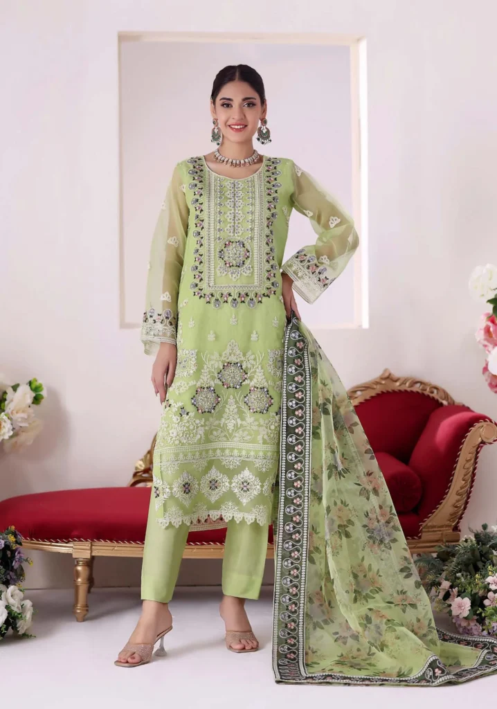 Zartash Lime Organza 3pc Formal Suit | Motis Fashion