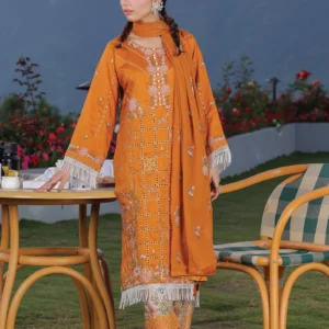 Woman wearing a Mustard Orange lawn suit with white embroidery by AL Hassan Lehnga House