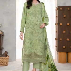 Pistachio green embroidered Karandi shirt with digital printed dupatta by AL Hassan Lehnga House