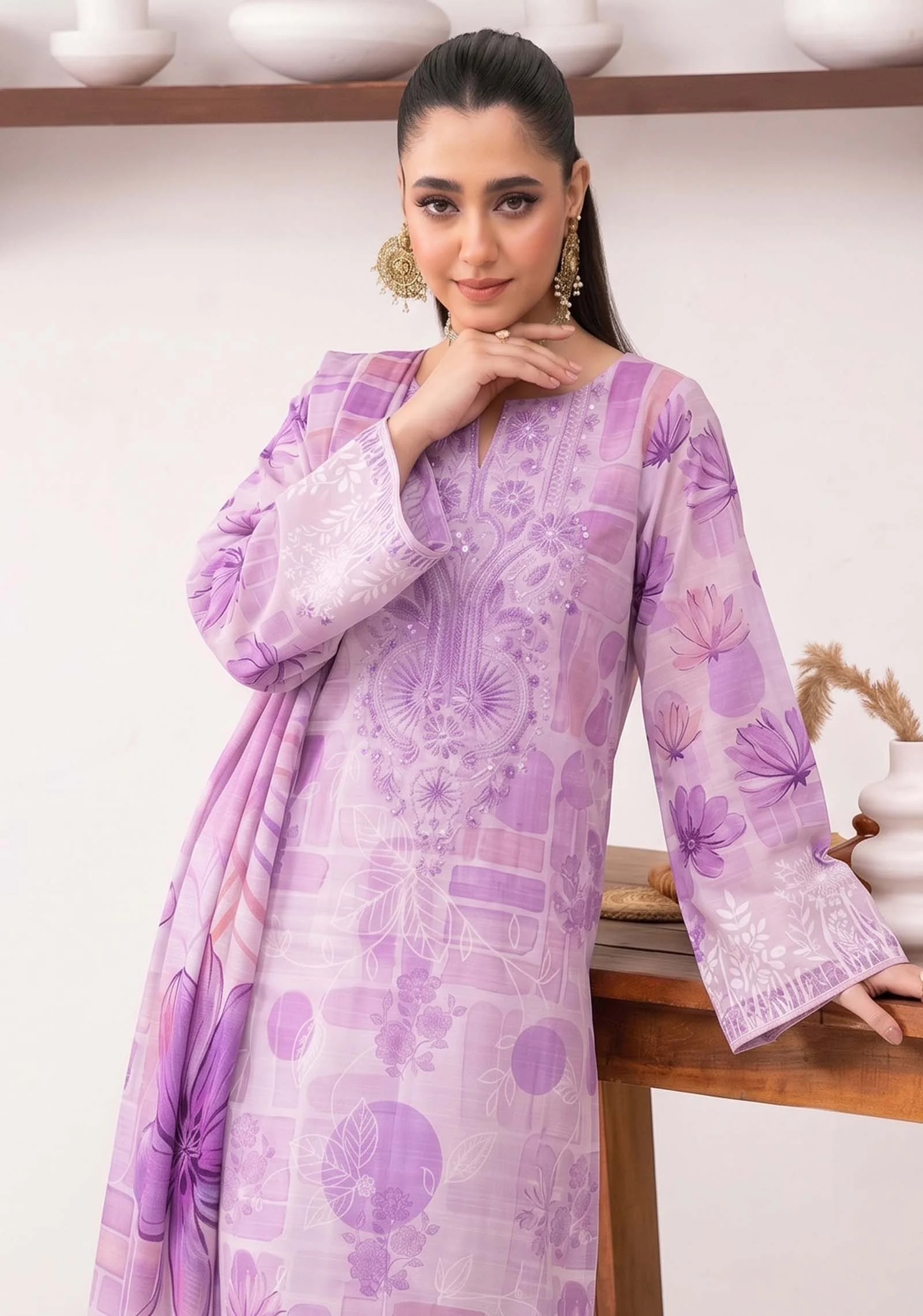 Upper torso view of Zehra Lavender winter dress by AL Hassan Lehnga House