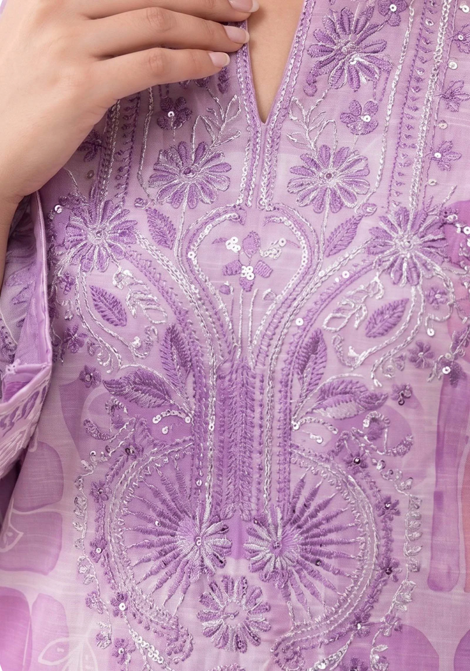 Close up of neckline and hand-set embellishments on Zehra Lavender winter suit by AL Hassan Lehnga House