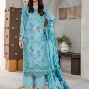 Sky blue Karandi shirt with digital floral prints and aplic work from AL Hassan Lehnga House