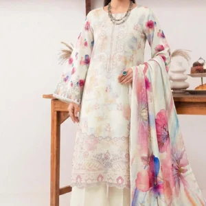 Model wearing Zoha Winter Slub Floral 3Pc Suit with digital print dupatta by AL Hassan Lehnga House