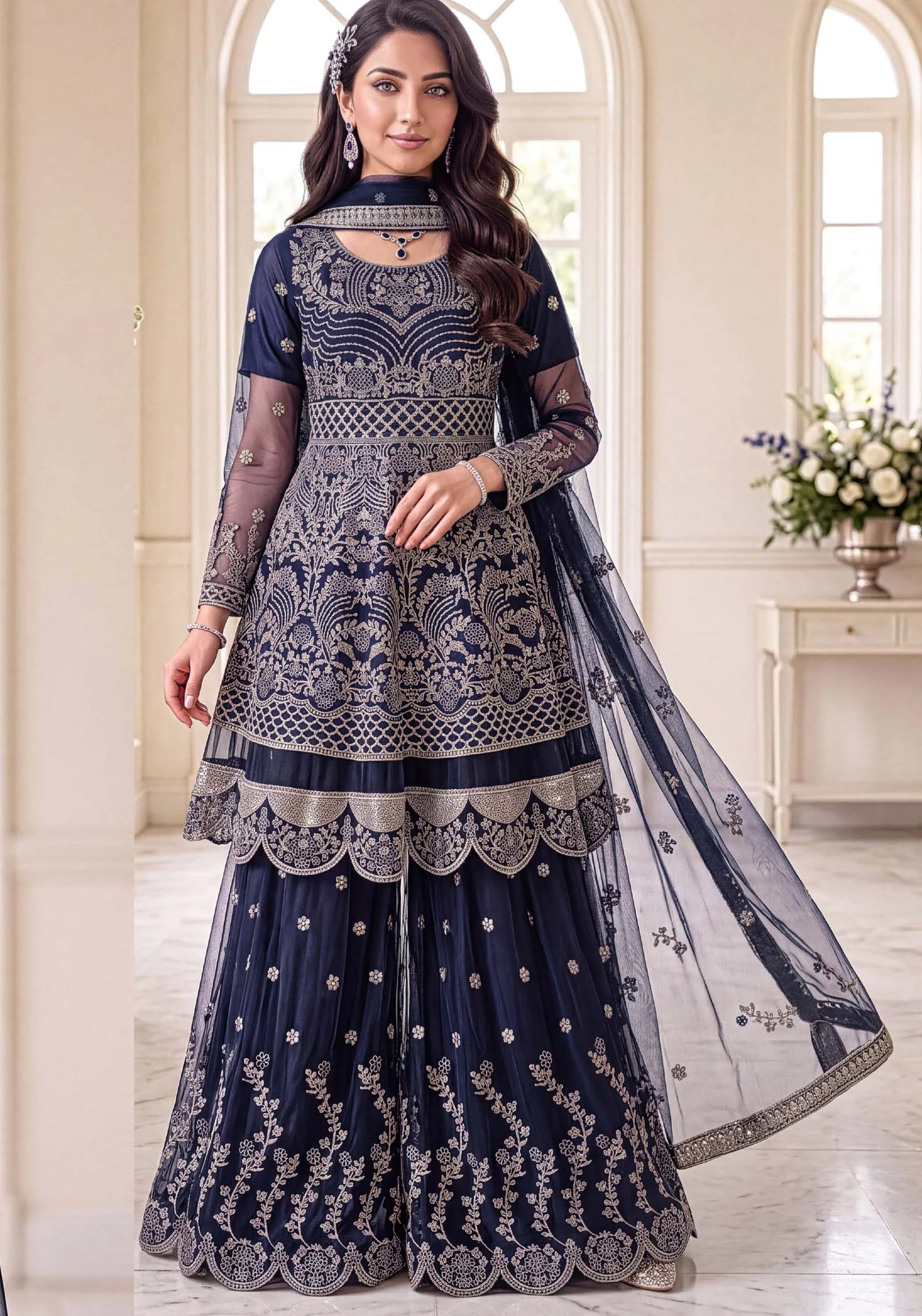 Deep navy blue premium net peplum and sharara suit with heavy handwork by AL Hassan Lehnga House