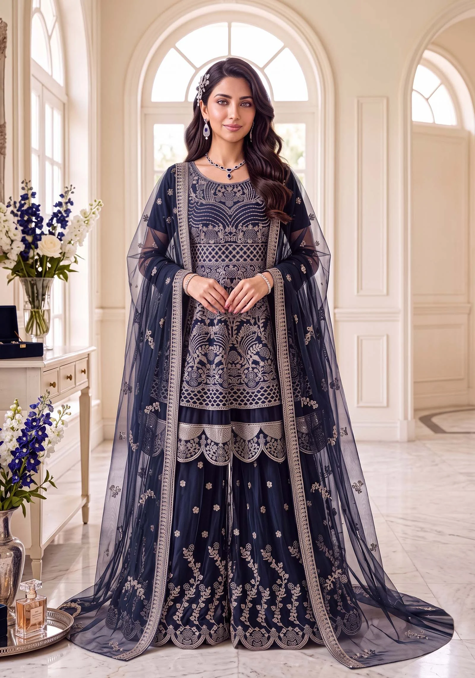 Complete 3pc navy blue net ensemble with dupatta by AL Hassan Lehnga House