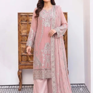 Full view of Zoya pink crinkle A-line shirt with silver Tilla and matching trousers