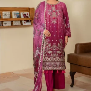 Woman wearing a plum colored printed viscose suit with sequence embroidery by AL Hassan Lehnga House