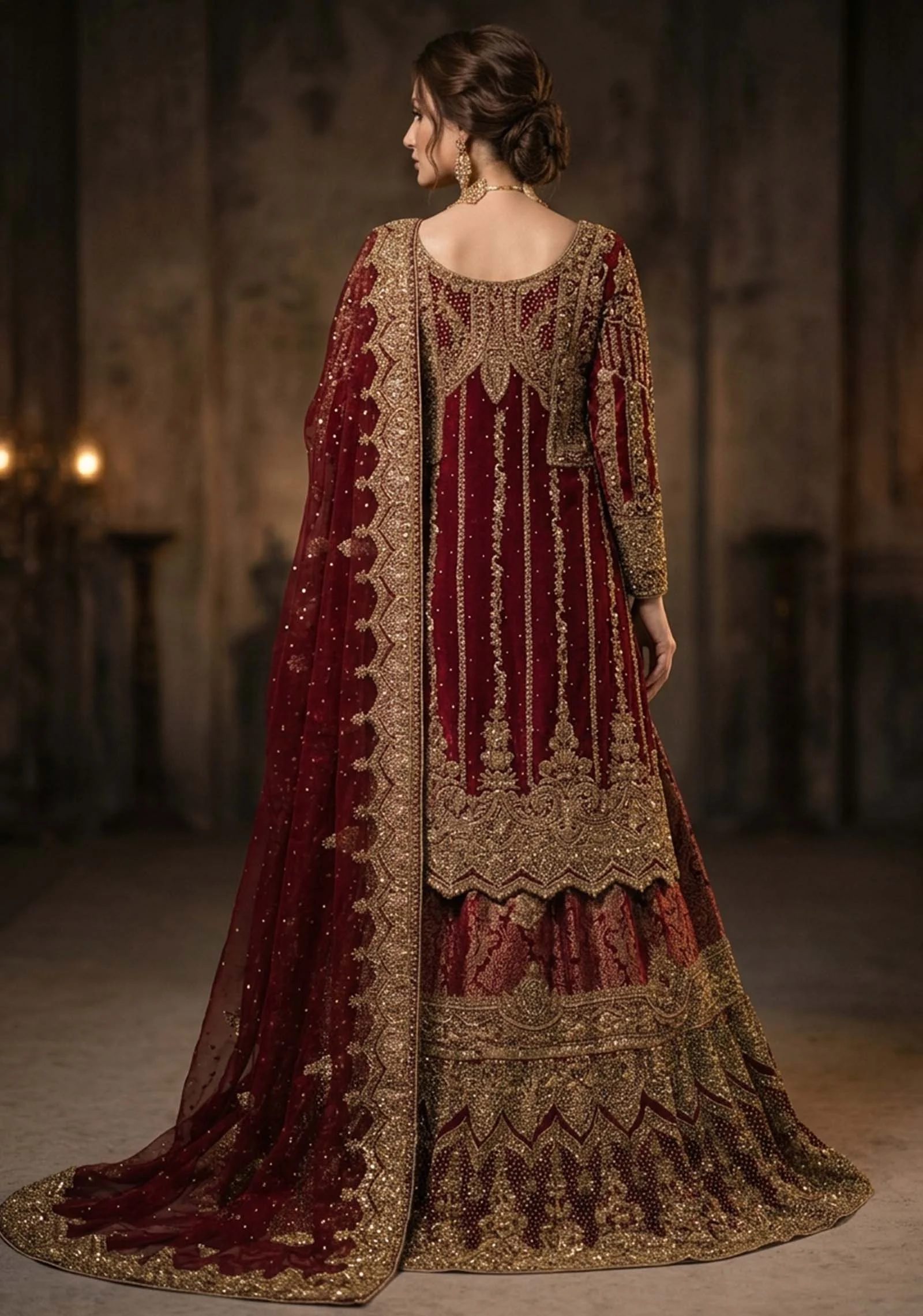 Back view of Aish Maroon bridal set showing the different shirt design.
