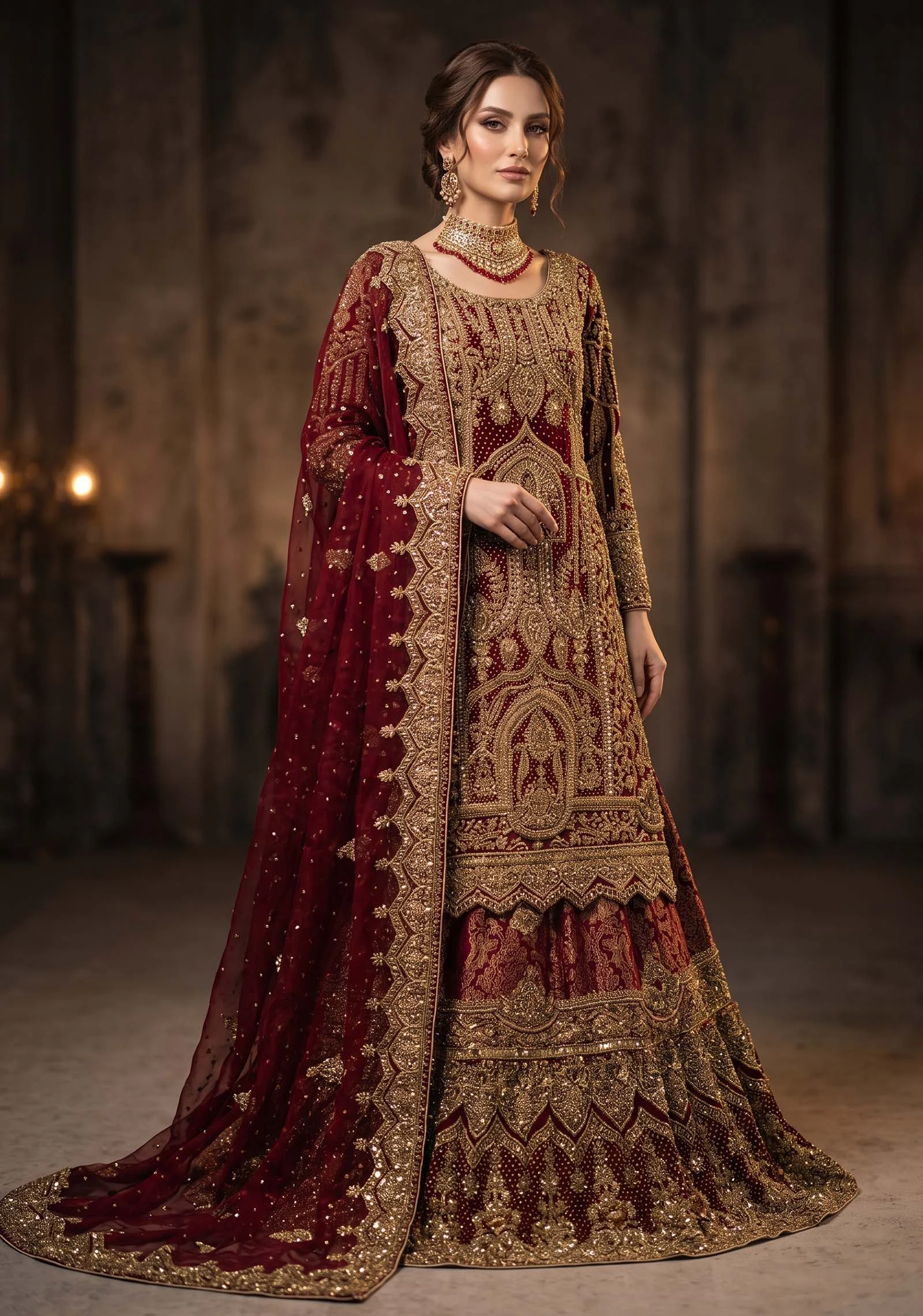 Front view of a maroon bridal dress with jewelry material work and tassel silk shirt by AL Hassan Lehnga House.