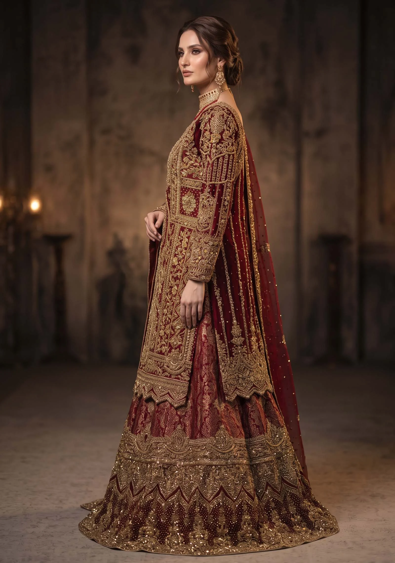 Side profile of Aish Maroon jewelry silk bridal set showing lehenga flare.